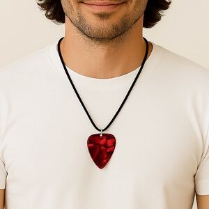 Red Guitar Pick Necklace Suede Cord Pearlescent Unisex New